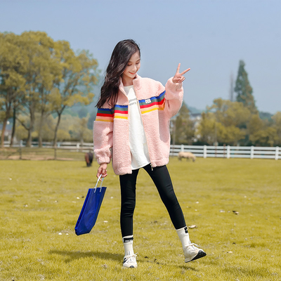 Girls lamb wool coat children's clothing autumn and winter wear color stripe thickened children's padded coat