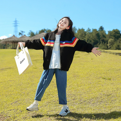 Children's cashmere coat girls' clothing autumn and winter thickened stitching color striped cotton coat children's coat