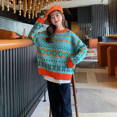 Fashion Fall Winter Little Girls Clothes Oversized Pullover Jacquard Knit Sweater