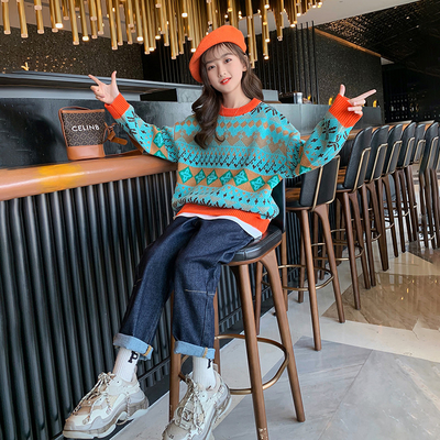 Fashion Fall Winter Little Girls Clothes Oversized Pullover Jacquard Knit Sweater