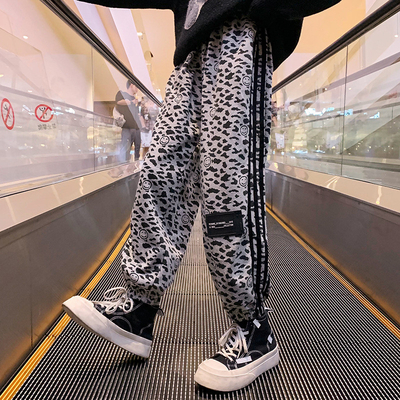 Thickened Warm Versatile Leopard Print Casual Pants With Lacing Elastic Waist