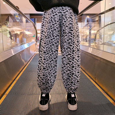Thickened Warm Versatile Leopard Print Casual Pants With Lacing Elastic Waist