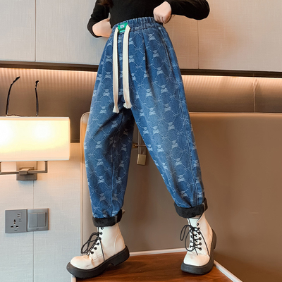 Children's jeans Girls' clothing Autumn and Winter thick warm blue casual pants fit everything for children aged 4-16