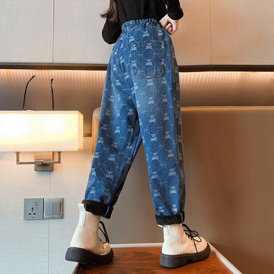 Children's jeans Girls' clothing Autumn and Winter thick warm blue casual pants fit everything for children aged 4-16