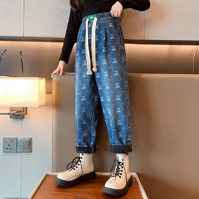 Girls jeans Children's clothing autumn and winter thick warm blue casual pants for everything from 4 to 16 years old