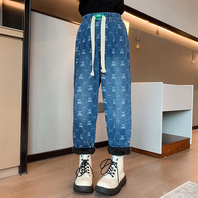 Girls jeans Children's clothing autumn and winter thick warm blue casual pants for everything from 4 to 16 years old