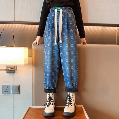 Girls jeans Children's clothing autumn and winter thick warm blue casual pants for everything from 4 to 16 years old