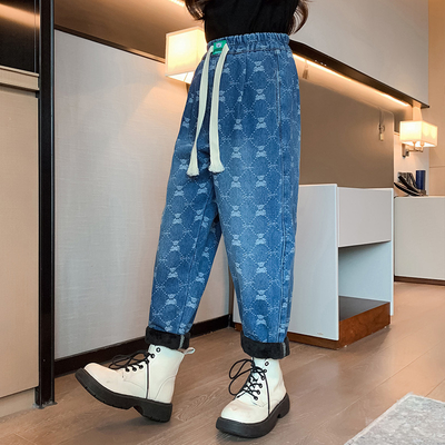 Girls jeans Children's clothing autumn and winter thick warm blue casual pants for everything from 4 to 16 years old