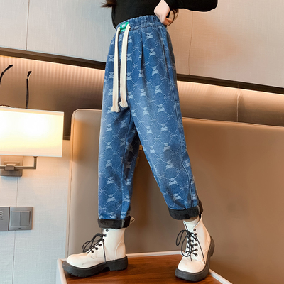 Girls jeans Children's clothing autumn and winter thick warm blue casual pants for everything from 4 to 16 years old