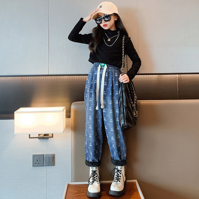 Girls jeans Children's clothing autumn and winter thick warm blue casual pants for everything from 4 to 16 years old