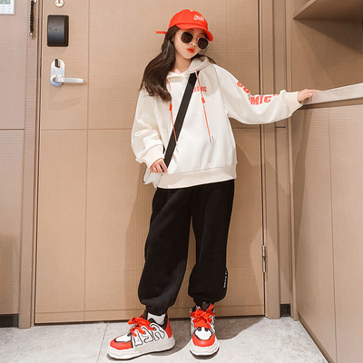 Girls Thickened Sport Letter Hoodie Two Piece Set Leisure Windproof