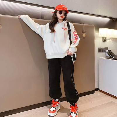 Elastic Cuff Childrens Spring Clothes Sports Letters Girls 2 Piece Hoodie Set
