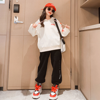 Elastic Cuff Childrens Spring Clothes Sports Letters Girls 2 Piece Hoodie Set