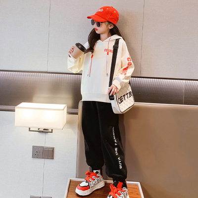 Elastic Cuff Childrens Spring Clothes Sports Letters Girls 2 Piece Hoodie Set
