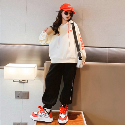 Elastic Cuff Childrens Spring Clothes Sports Letters Girls 2 Piece Hoodie Set