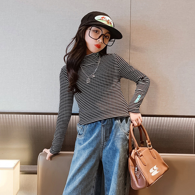 Embroidered Thermal Tight Turtleneck Undershirts Striped For Ages 4-16
