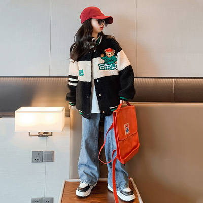 Thickened Bear Embroidered Baseball Lambswool Jacket