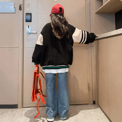 Thickened Bear Embroidered Baseball Lambswool Jacket