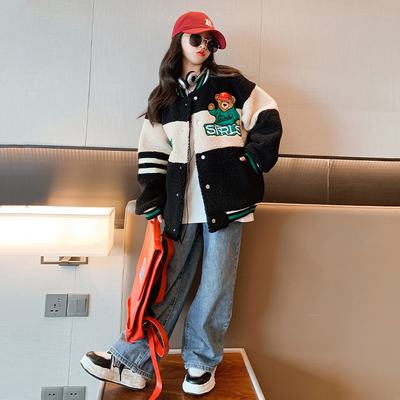 Thickened Bear Embroidered Baseball Lambswool Jacket