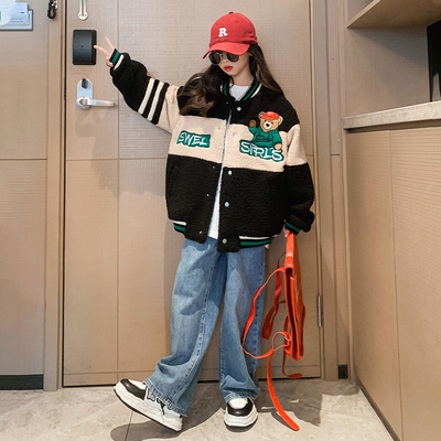 Thickened Bear Embroidered Baseball Lambswool Jacket