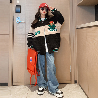Thickened Bear Embroidered Baseball Lambswool Jacket