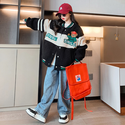 Thickened Bear Embroidered Baseball Lambswool Jacket
