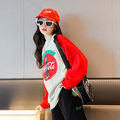 Korean Edition Cartoon Childrens Plain Sweatshirts Thick Casual Printed Red Top