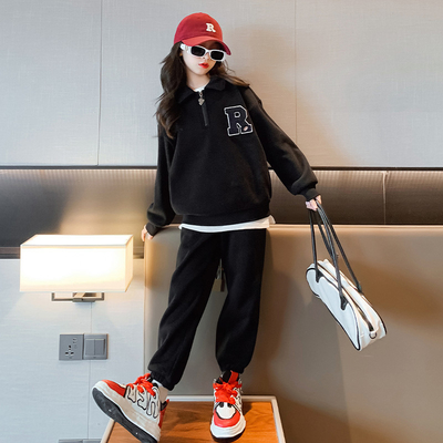 Children Half Zipper Sweatshirt Two Piece Suit Thickened Black 60% Cotton 40% Polyester