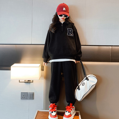 Children Half Zipper Sweatshirt Two Piece Suit Thickened Black 60% Cotton 40% Polyester