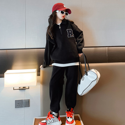 Autumn Winter Teen Girls Half Zipper Pullover Two Piece Suit For Children Aged 4-16