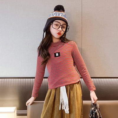Turtleneck Embroidered Little Girls Clothes T Shirt Striped Thermal Top