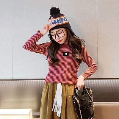 Embroidered Striped Thermal Long Sleeve Turtleneck T Shirt Skin Friendly
