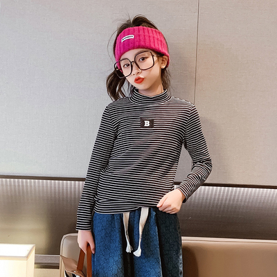 Embroidered Striped Thermal Long Sleeve Turtleneck T Shirt Skin Friendly