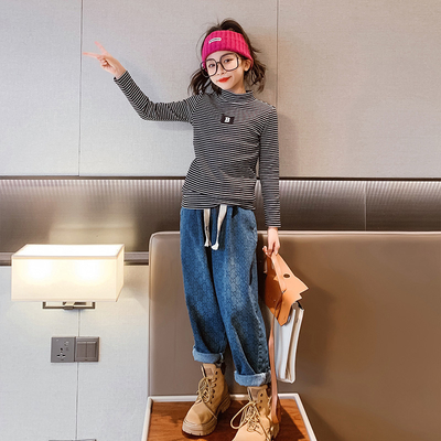 Embroidered Striped Thermal Long Sleeve Turtleneck T Shirt Skin Friendly