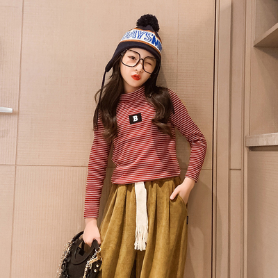 Embroidered Striped Thermal Long Sleeve Turtleneck T Shirt Skin Friendly