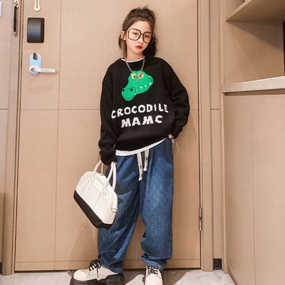 Crocodile Pattern Fashion Childrens Clothes Knitted Crewneck Sweater And Trouser Set