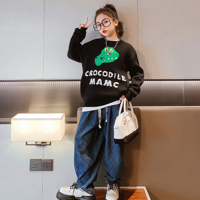 Creative Pattern Warm Little Girls Clothes Round Neck Knit Sweater Pants Set