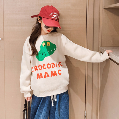 Creative Pattern Warm Little Girls Clothes Round Neck Knit Sweater Pants Set