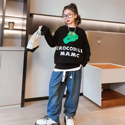 Black Beige Childrens Winter Clothes Oversized Crewneck Sweater