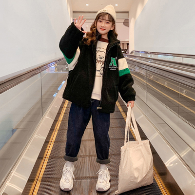 Cotton Padded Girls Embroidered Lambswool Coat Windproof