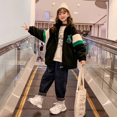 Cotton Padded Girls Embroidered Lambswool Coat Windproof