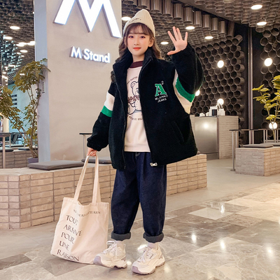 Cotton Padded Girls Embroidered Lambswool Coat Windproof