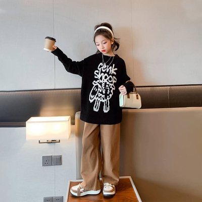 Girls Spring Autumn Fashion Childrens Clothes Thickened Letter Oversized Crewneck Sweater