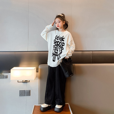 Girls Spring Autumn Fashion Childrens Clothes Thickened Letter Oversized Crewneck Sweater