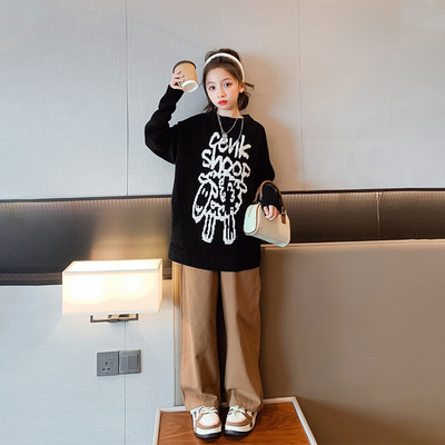 Girls Spring Autumn Fashion Childrens Clothes Thickened Letter Oversized Crewneck Sweater
