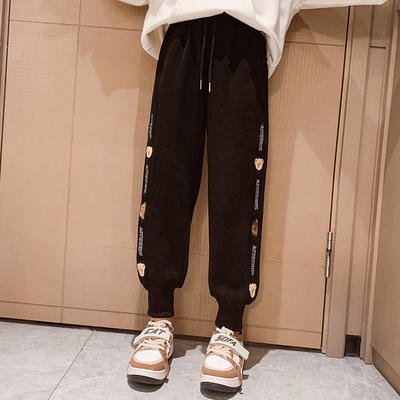 Thickened Fashion Childrens Clothes Grey Black Windproof Girls Joggers Pants