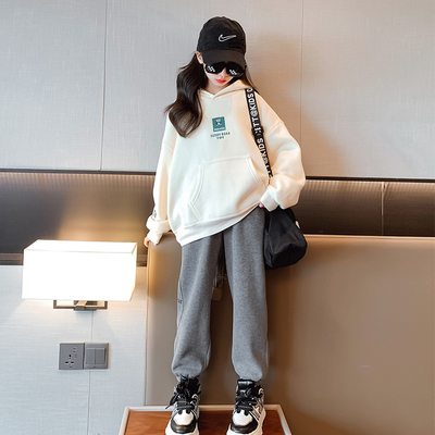 Autumn Winter Little Girls Clothes Thickened Sport Beige White Two Piece Hoodie Set