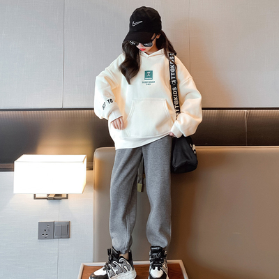 Autumn Winter Little Girls Clothes Thickened Sport Beige White Two Piece Hoodie Set