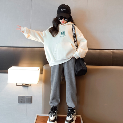 Autumn Winter Little Girls Clothes Thickened Sport Beige White Two Piece Hoodie Set