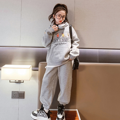 Fashion Girls Thickened Grey Embroidered Hoodie And Sweatpants Set